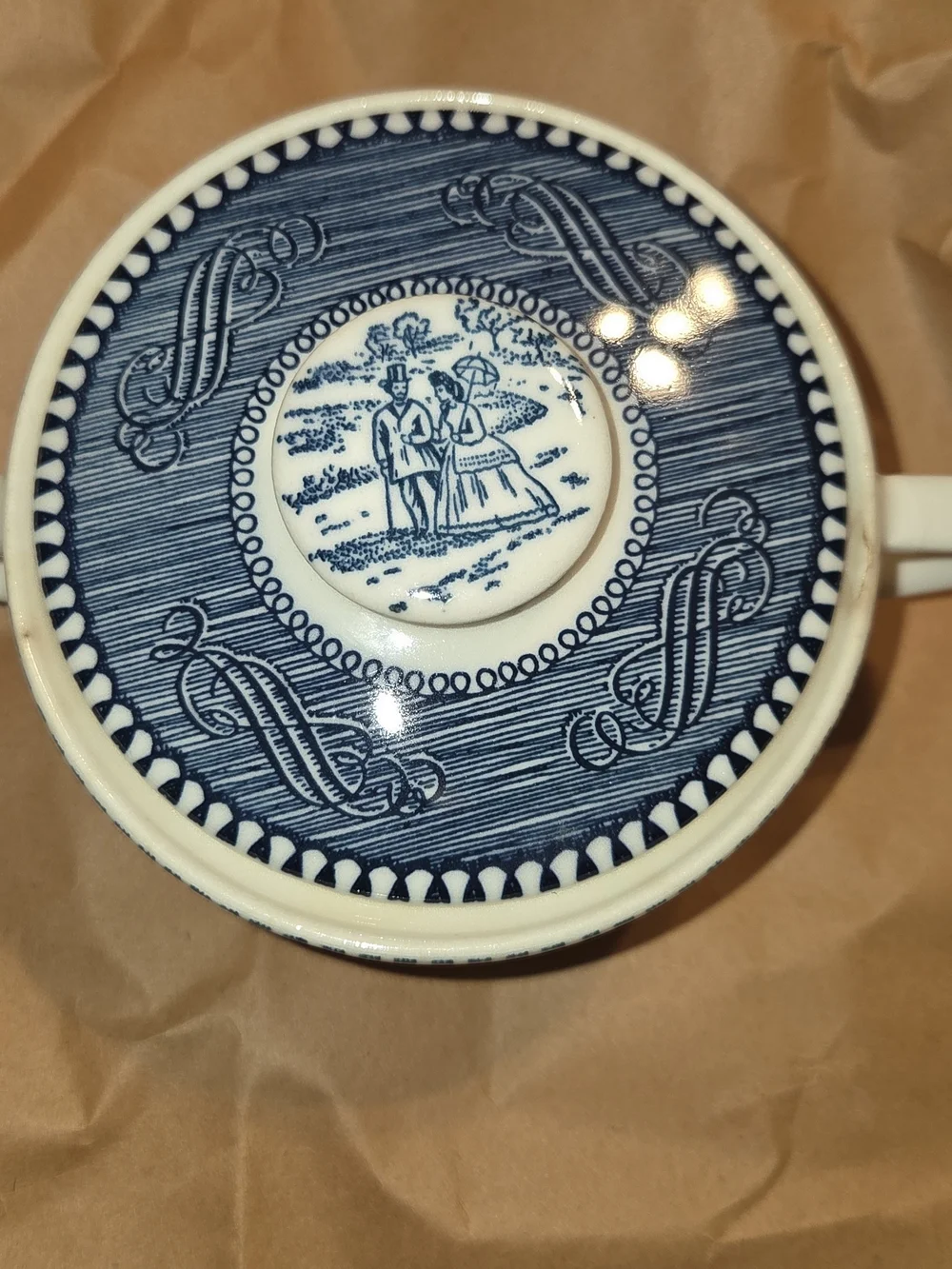 VTG Royal CURRIER & IVES BLUE Steamboat Ctr SUGAR BOWL & LID